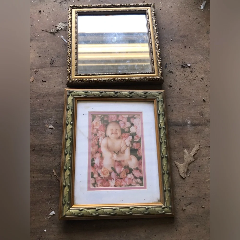 Vintage gold tone picture frame and mirror, holds a 9.5 x 7.5” photo READ ad